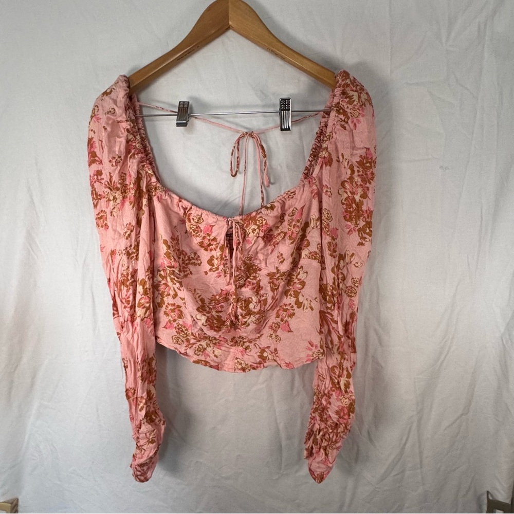 Free People Pink Floral Smocked Crop Top Boho Long Sleeve Medium